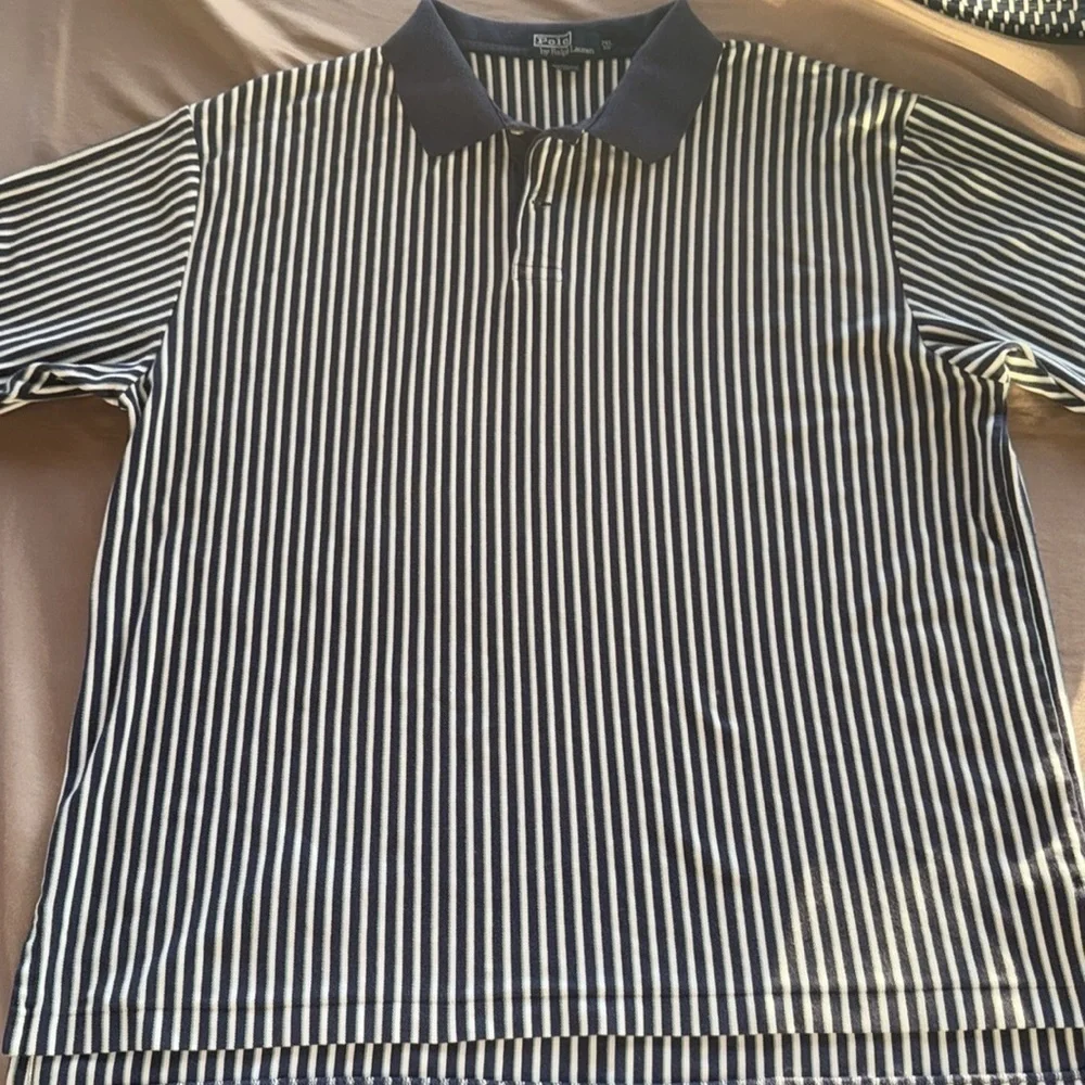 Ralph Lauren Rare Vintage Vertical Stripe Polo Navy Teal & White Stripe 2XL